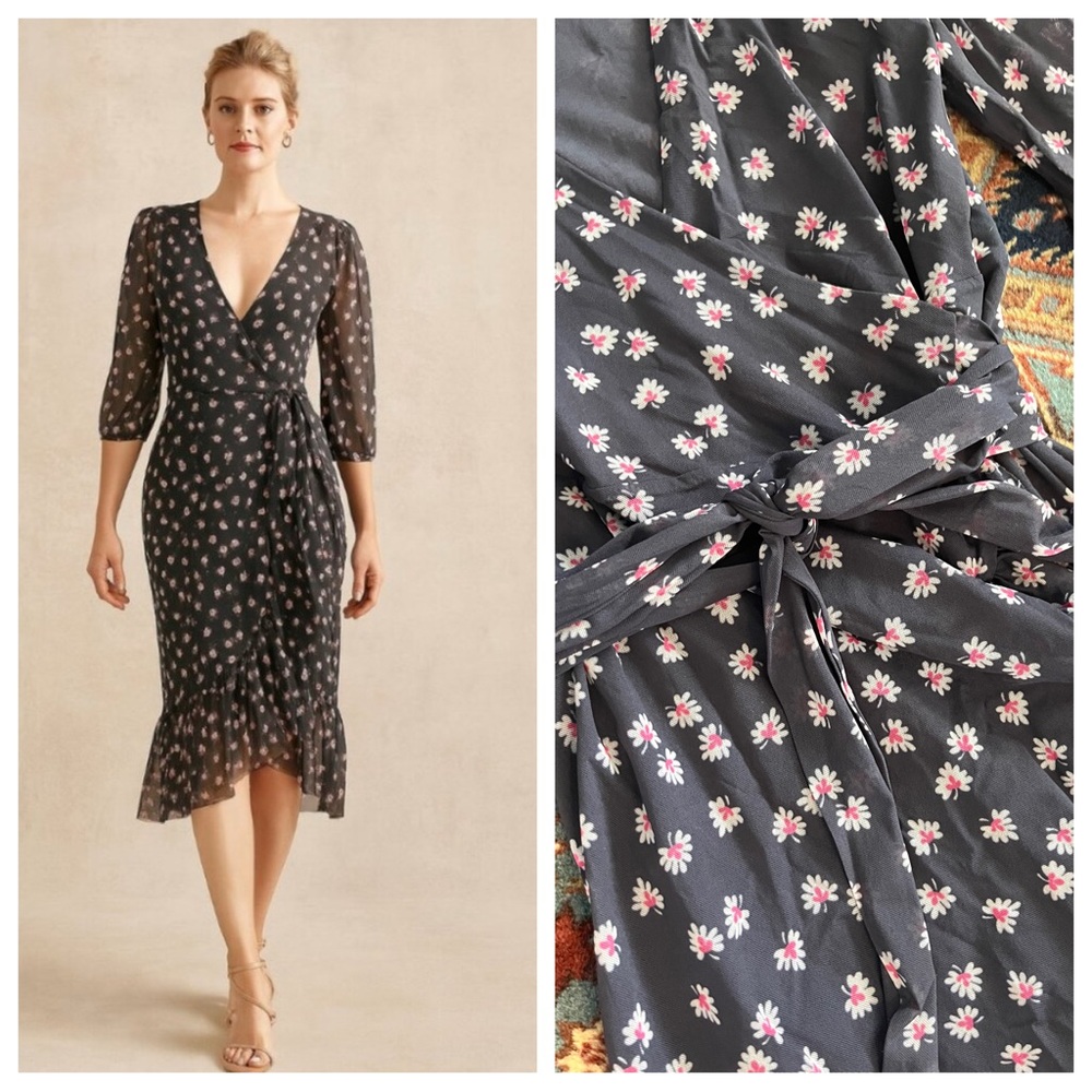Ganni Tilden Gray Pink Floral Mesh Wrap Midi Dress ruffle see through 36 S 4